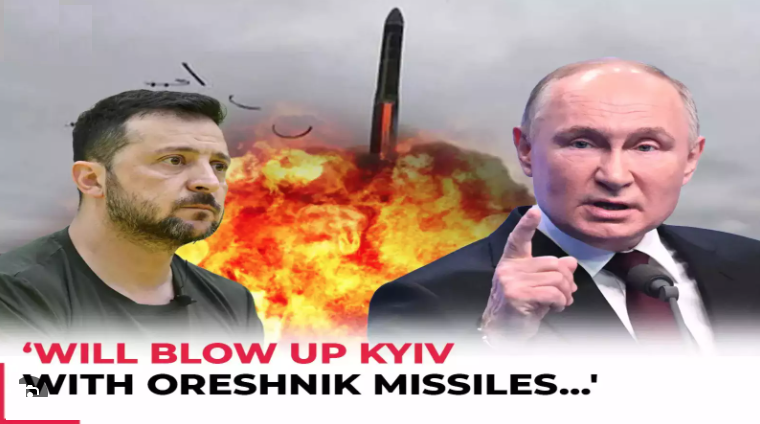 Composite image featuring grim-faced man on the left, missile explosion in the center, and man gesturing on the right with a caption that reads "WILL BLOW UP KYIV WITH ORESHNIK MISSILES..."