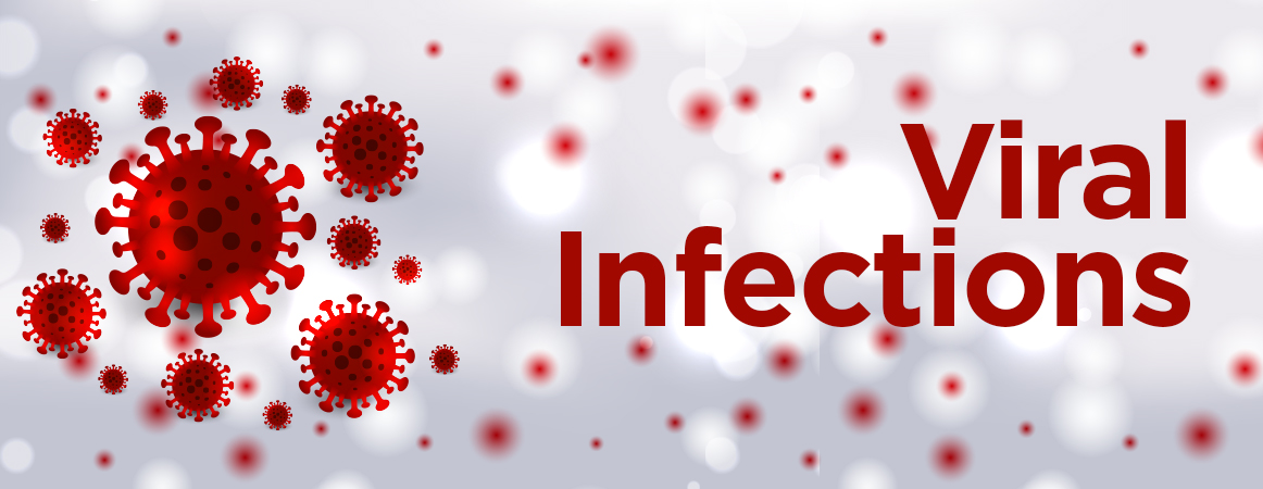 Illustration of multiple red virus particles with the words "Viral Infections" on a blurred background.