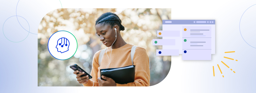 Young woman using a smartphone with earphones and holding a digital tablet, with graphic icons symbolizing communication and user interface elements.