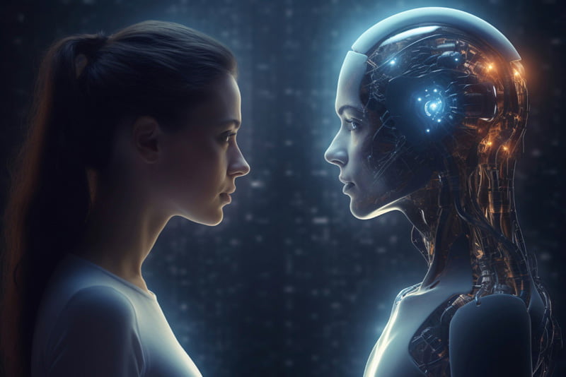 A woman and a humanoid robot face each other, highlighting the intersection of humanity and technology in a futuristic setting.