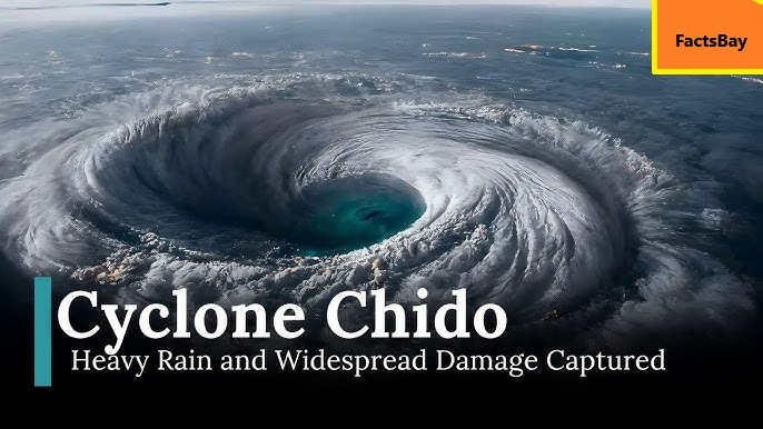 Aerial view of Cyclone Chido with heavy rain and damage information overlay from FactsBay.