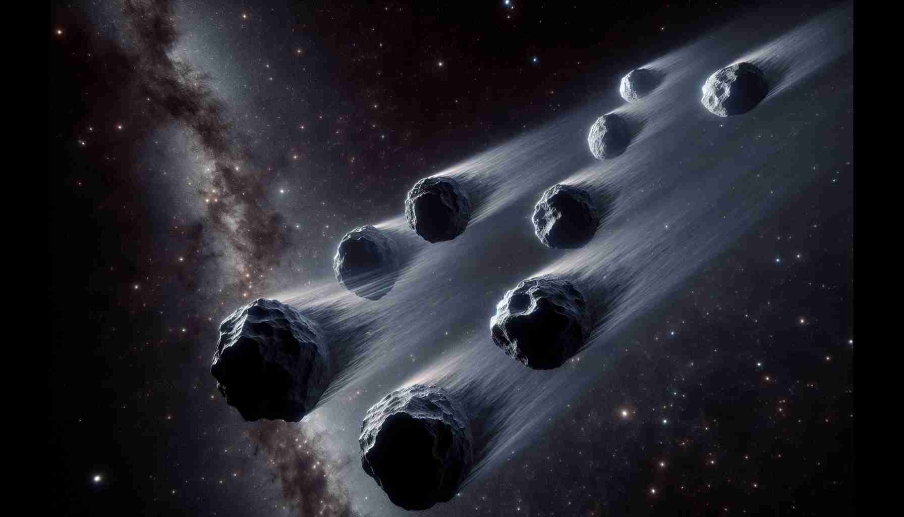 A digital illustration of a sequence of asteroids with trails moving through space with a starry background.