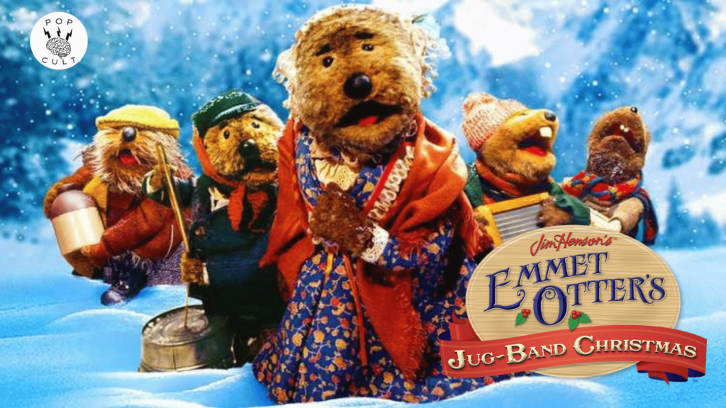 Puppet characters from Emmet Otter's Jug-Band Christmas against a snowy background with show title overlay.