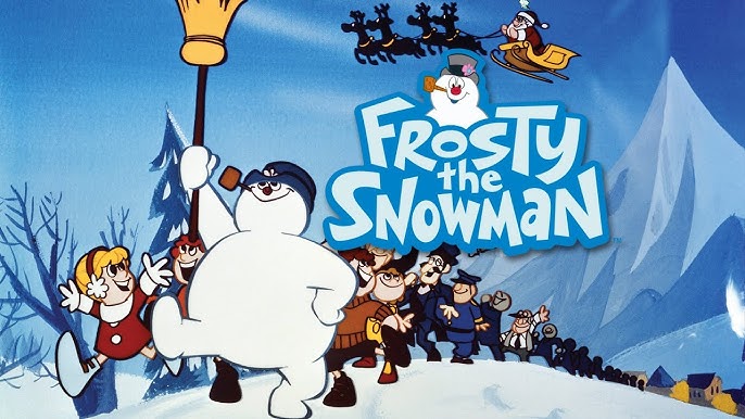 Illustration of the animated character Frosty the Snowman leading a group of children, with title text "Frosty the Snowman" in the foreground.