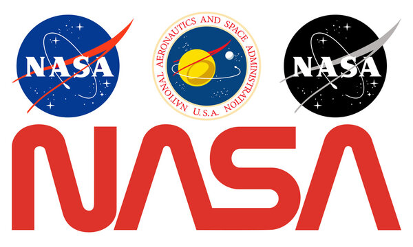 Three variations of the NASA logo, including the blue "meatball" insignia, the roundel with "Aeronautics and Space Administration" text, and the white "worm" logo on a black background.