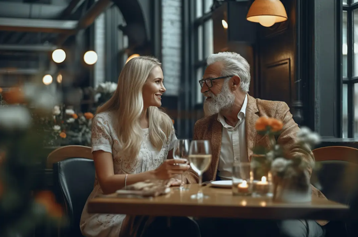 A young woman and an older man share a joyful conversation over drinks at an elegantly set table in a cozy restaurant, adorned with flowers and dim lighting.