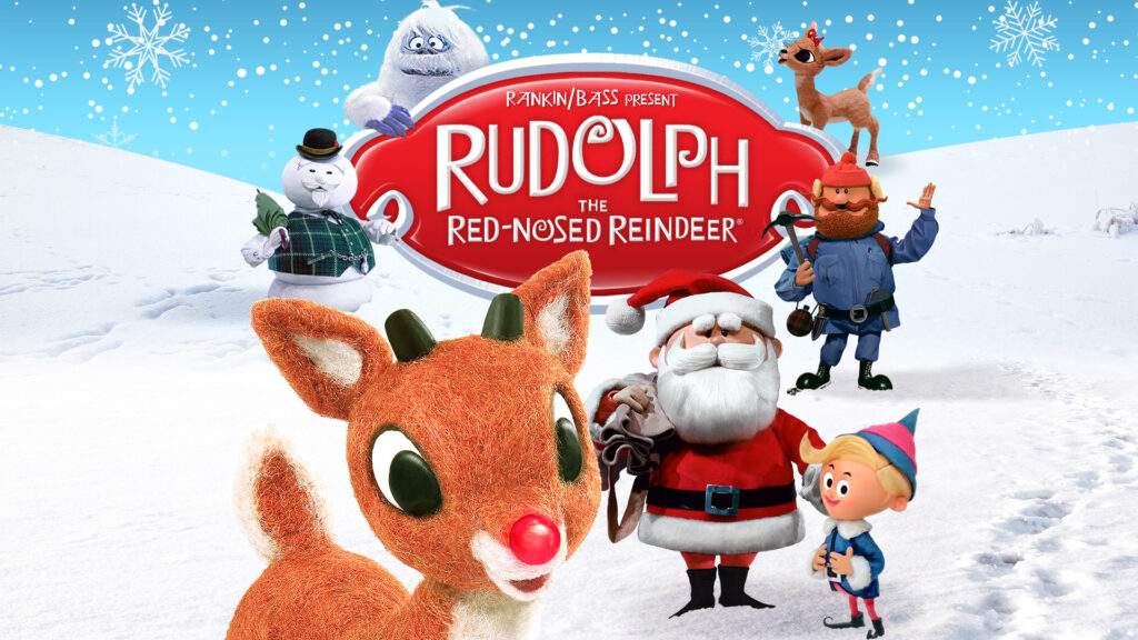 An illustration featuring characters from the animated movie "Rudolph the Red-Nosed Reindeer," including Rudolph, Santa Claus, a snowman, the Abominable Snowman, and others, with a snowy landscape in the background.