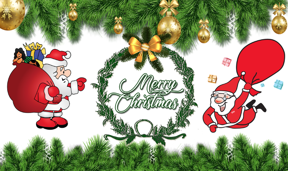 Illustration of two Santa Claus characters, one holding a sack of gifts and the other joyfully jumping with a sack, surrounded by decorated Christmas tree branches and ornaments with "Merry Christmas" written in the center.