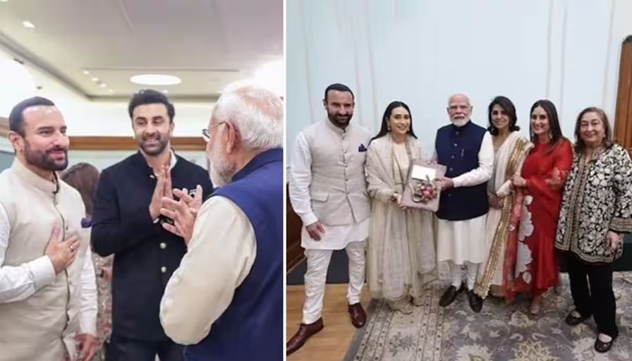 Two images side by side; on the left, two men in traditional attire greeting a man with a white beard, and on the right, a group of men and women in traditional clothes posing with the same bearded man, who is holding a gift.