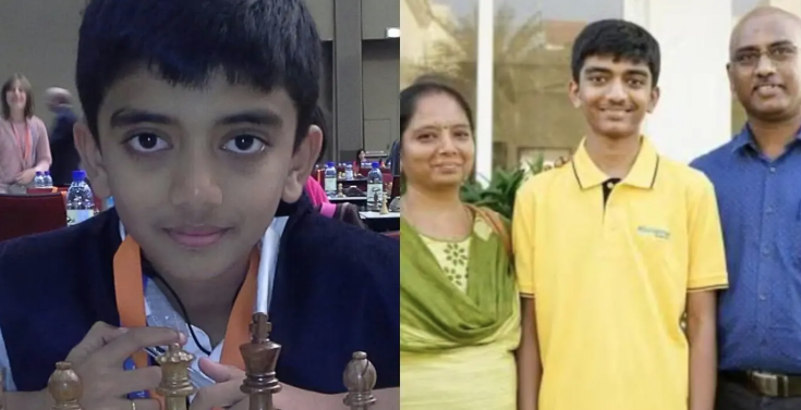 Split image showing a young boy at a chess tournament on the left, and the same boy with two adults, presumably his parents, on the right.