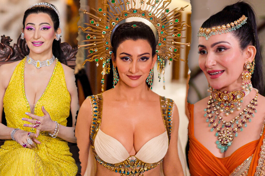 Three portraits of a woman in various opulent traditional dresses and headpieces, richly adorned with sparkling jewelry.