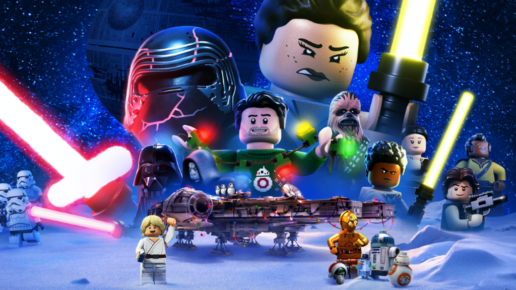 A dynamic image featuring a collection of LEGO Star Wars characters with light sabers and the Millennium Falcon set against a starry background.