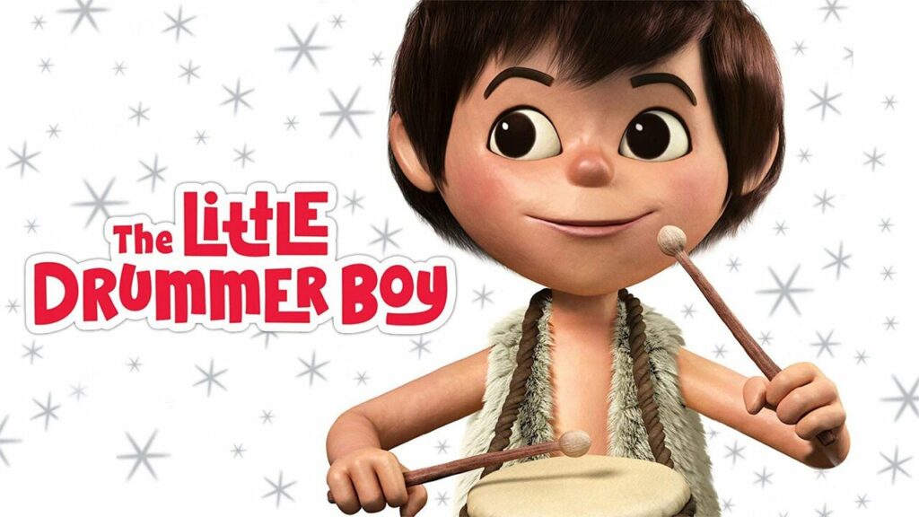 An animated character resembling the Little Drummer Boy holding drumsticks with a festive background and the title "The Little Drummer Boy".