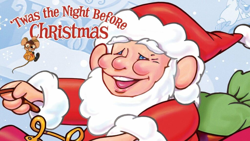 Cartoon image of a cheerful Santa Claus with a small mouse dressed in winter clothes, representing a scene from the classic Christmas story 'Twas the Night Before Christmas.