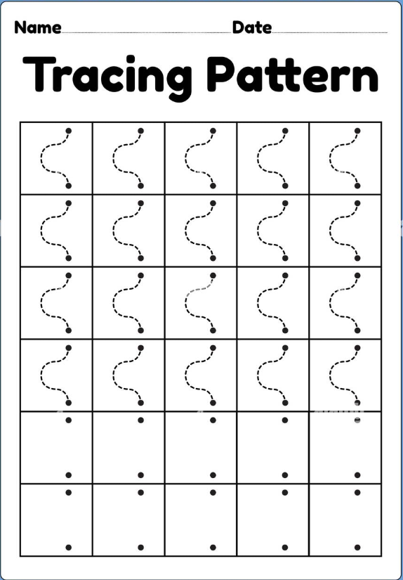 A printable worksheet featuring dotted lines for children to practice tracing various patterns, designed for educational use.