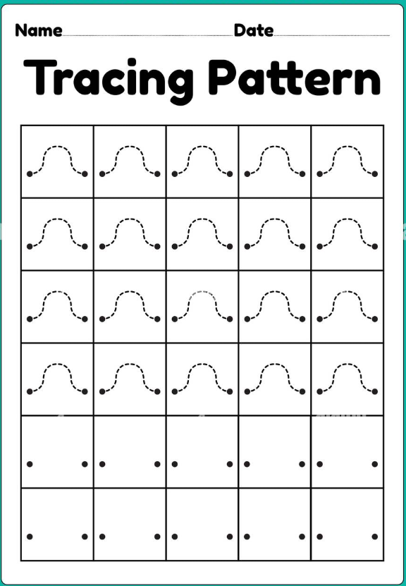 A worksheet designed for children to practice tracing curved patterns, featuring multiple rows of dotted lines and guide dots.