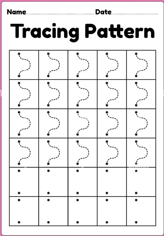 A blank tracing patterns worksheet featuring dotted lines and blank spaces for children to practice their writing and fine motor skills.