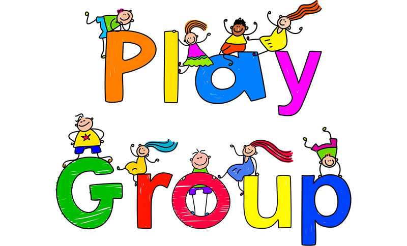 Colorful illustration of the words "Play Group" surrounded by cheerful, cartoon children engaging in fun activities.