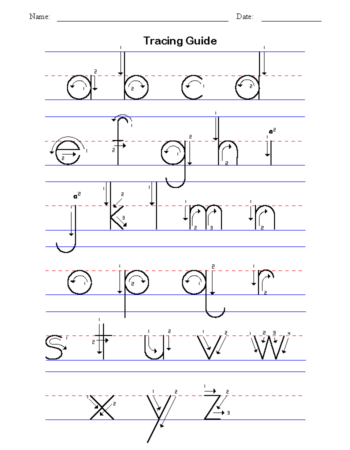 An educational guide for tracing lowercase letters of the alphabet, featuring lines and directional arrows for proper letter formation.