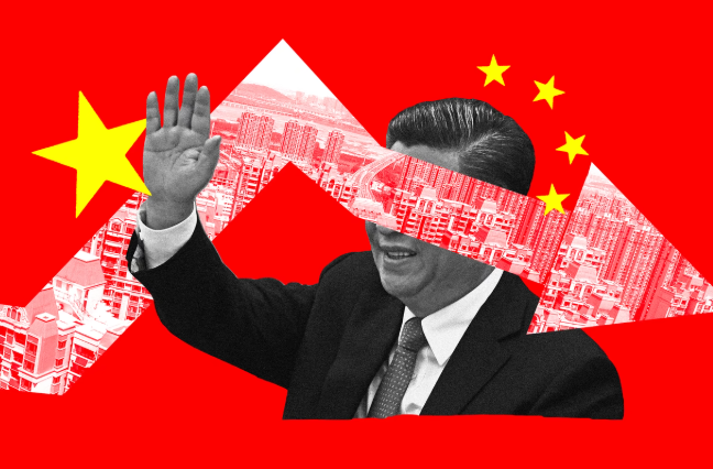 China is headed toward an extended economic downturn. 2 A stylized graphic featuring a prominent leader waving against a backdrop of urban development and the Chinese flag motifs.