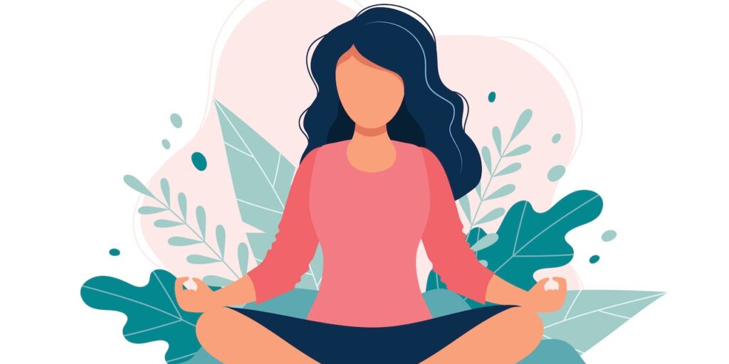 Fifty Ways to Practice Self-Care: How to Pamper Yourself for Any Occasion 4 A woman sits in a meditative pose surrounded by leafy plants, embodying tranquility and mindfulness.