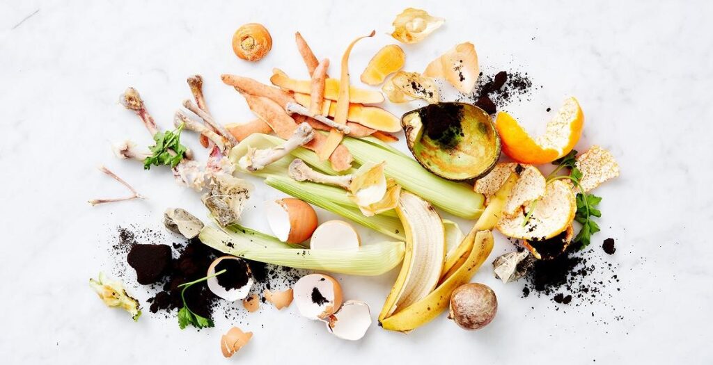 Transforming Kitchen Scraps into Nutrient-Rich Compost 2 Food Waste Composition:: A vibrant arrangement of various food scraps, including vegetable peels, fruit remnants, and eggshells, artistically displayed on a white background.