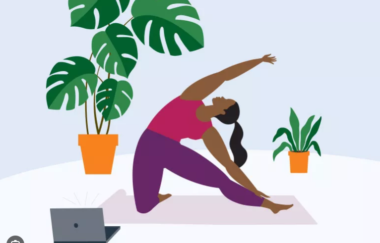 Fifty Ways to Practice Self-Care: How to Pamper Yourself for Any Occasion 3 A woman performing a yoga side stretch on a mat at home, surrounded by indoor plants and a laptop.