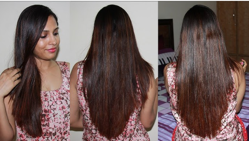 A woman poses with long, glossy hair in three angles, wearing a floral top, against a neutral backdrop.