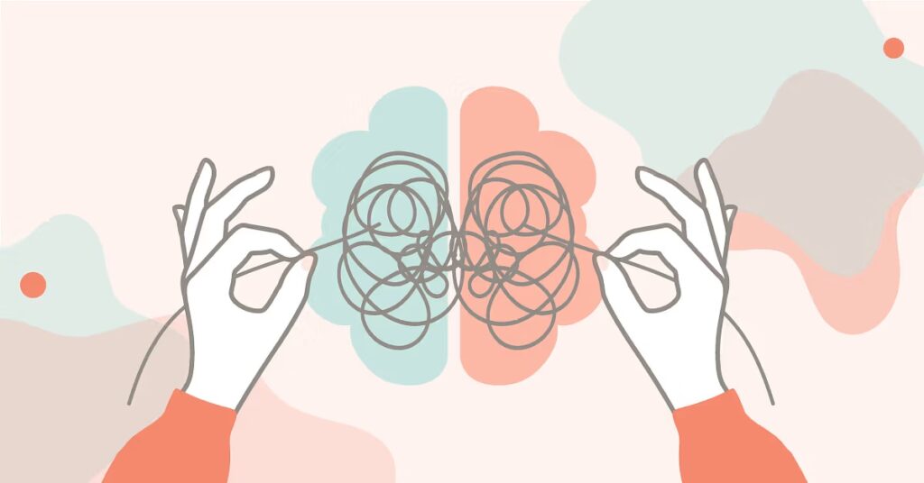 Struggling with Overthinking? 3 Illustration of two hands holding and untangling a messy knot against a soft pastel background, symbolizing problem-solving or creativity.