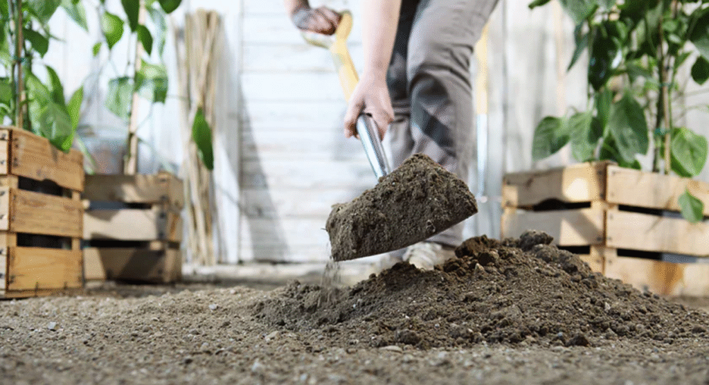 Tips for Beginner Gardeners in India 2 A person shoveling soil in a greenhouse with wooden crates and plants in the background.