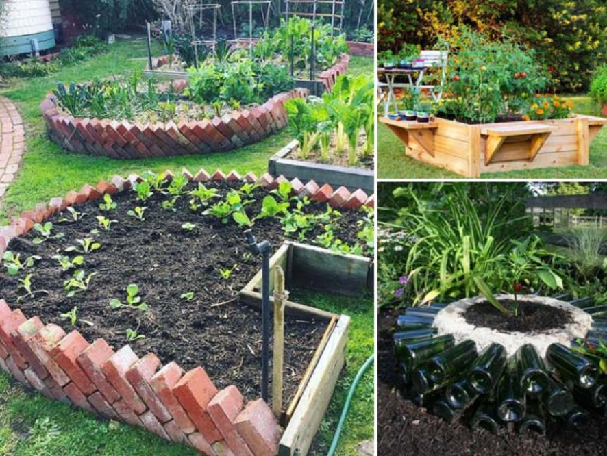 Tips for Beginner Gardeners in India 4 A collection of unique garden beds, featuring lush plants, raised wooden planter boxes, and decorative bottle edgings, showcasing creativity in vegetable gardening.