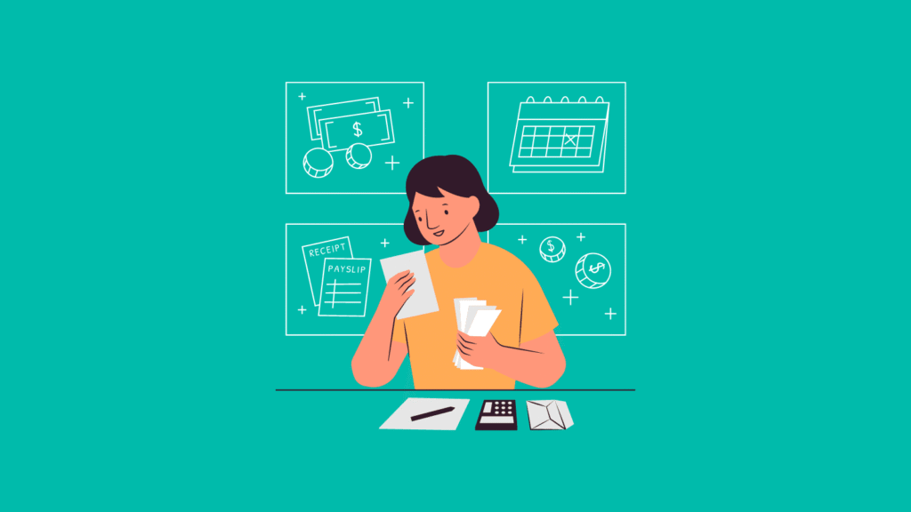 10 Habits of Successful People You Can Begin Practicing Today 2 A woman analyzing financial documents with a calculator, surrounded by icons of money, a calendar, and receipts.