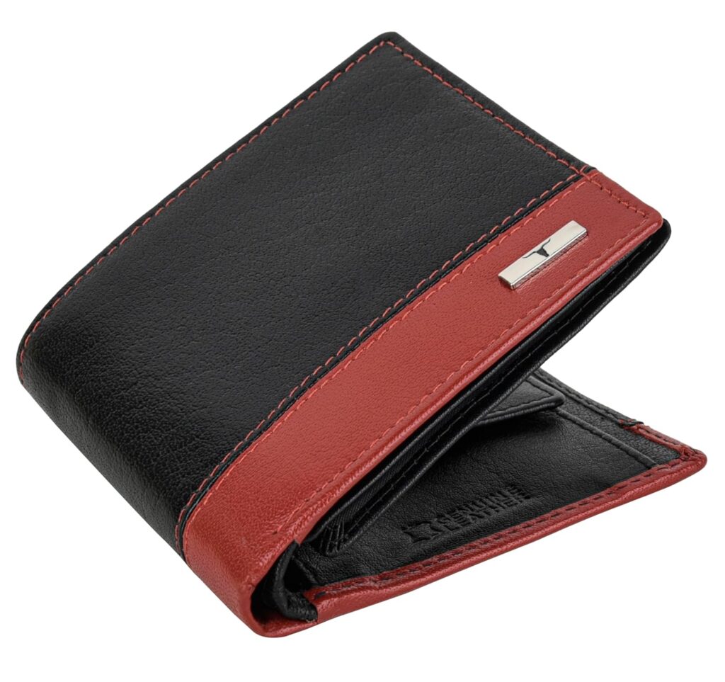 Things We Shouldn't Gift To Anybody 7 A bi-color wallet featuring black and red leather with contrasting stitching and a sleek metal accent.