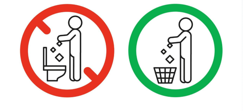 Illustration showing a person discarding items in a toilet with a prohibition symbol (red) and a person throwing items in a trash bin with an approval symbol (green)