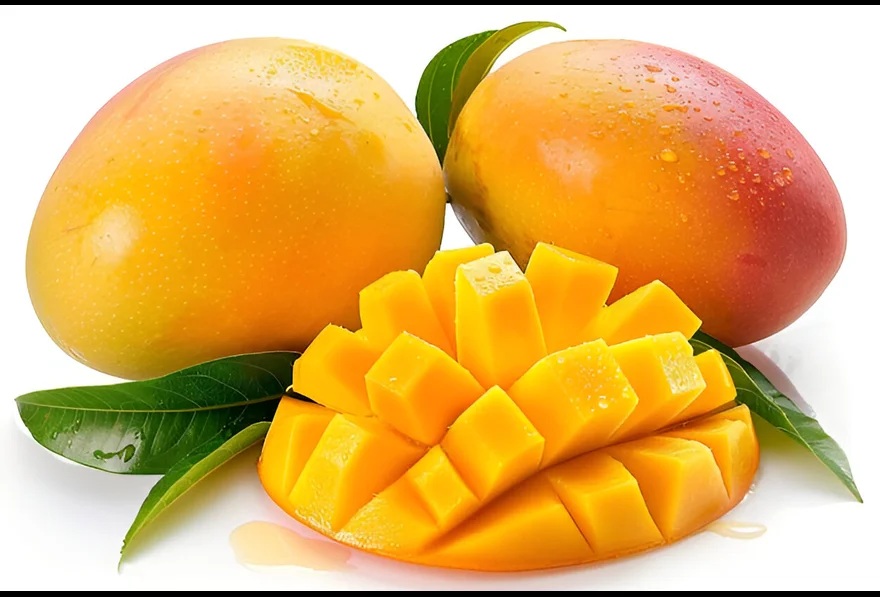 Four Fruits We Shouldn't Make Jiuce Of 4 Two ripe mangoes with vibrant skin and dewy leaves alongside a beautifully sliced portion of mango showcasing its bright orange flesh.