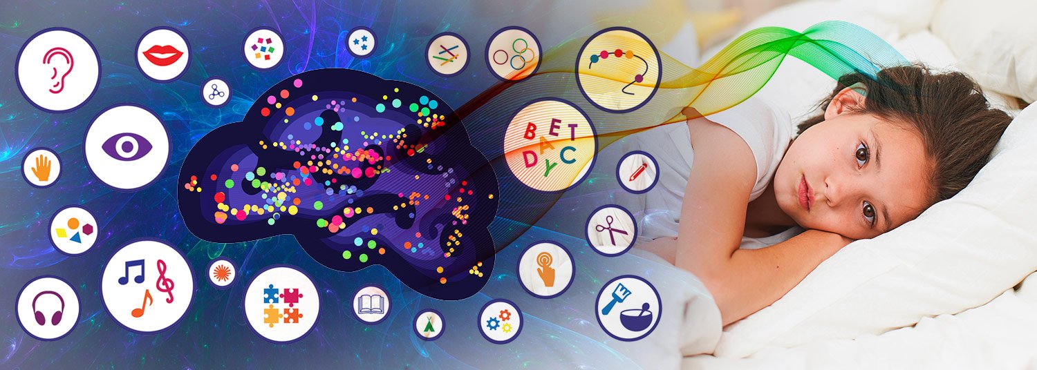 A thoughtful child resting on a bed, surrounded by colorful icons representing various learning tools and cognitive skills, illustrating the connection between the brain and sensory experiences.