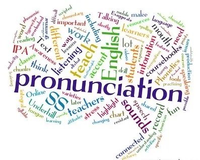 A colorful word cloud featuring key concepts related to English pronunciation, including terms like "teach," "listening," "teachers," "sounds," and "learners."