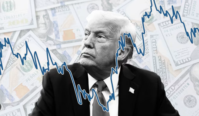 A monochrome portrait of a man against a backdrop of U.S. currency with a fluctuating line graph, symbolizing economic trends.