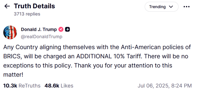 A Twitter post from Donald J. Trump discussing a 10% tariff on countries aligning with BRICS policies, with engagement metrics displayed.