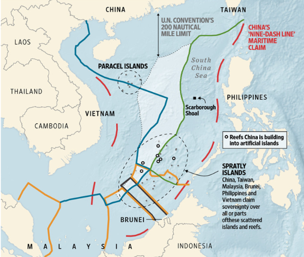 Map illustrating territorial disputes in the South China Sea, showing China's nine-dash line, U.N. maritime limits, and claims by surrounding nations.
