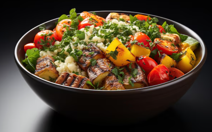 A vibrant bowl of grilled vegetables including yellow bell peppers, cherry tomatoes, and herbs atop a bed of couscous, set against a dark background.