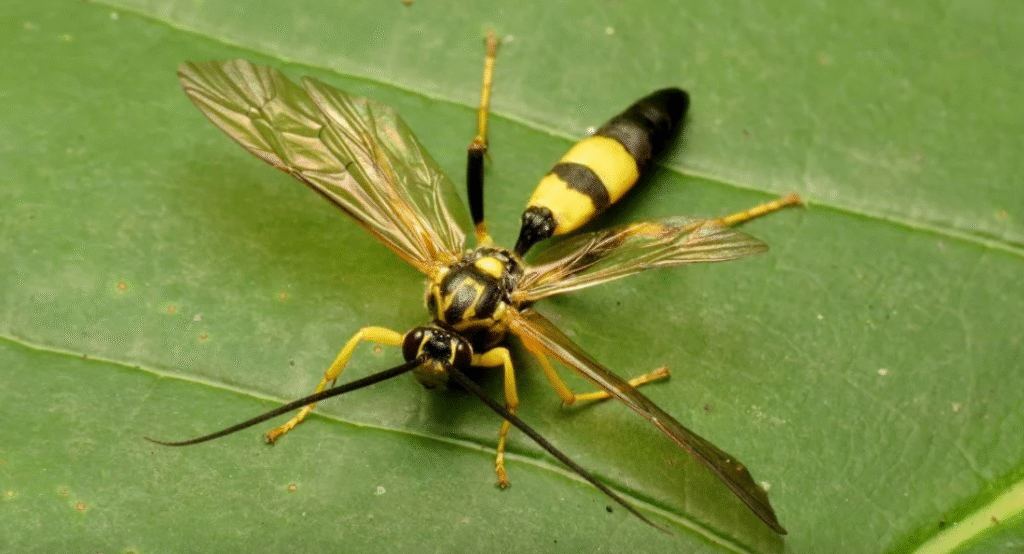Close-up of a yellow and black insect with transparent wings resting on a green leaf.