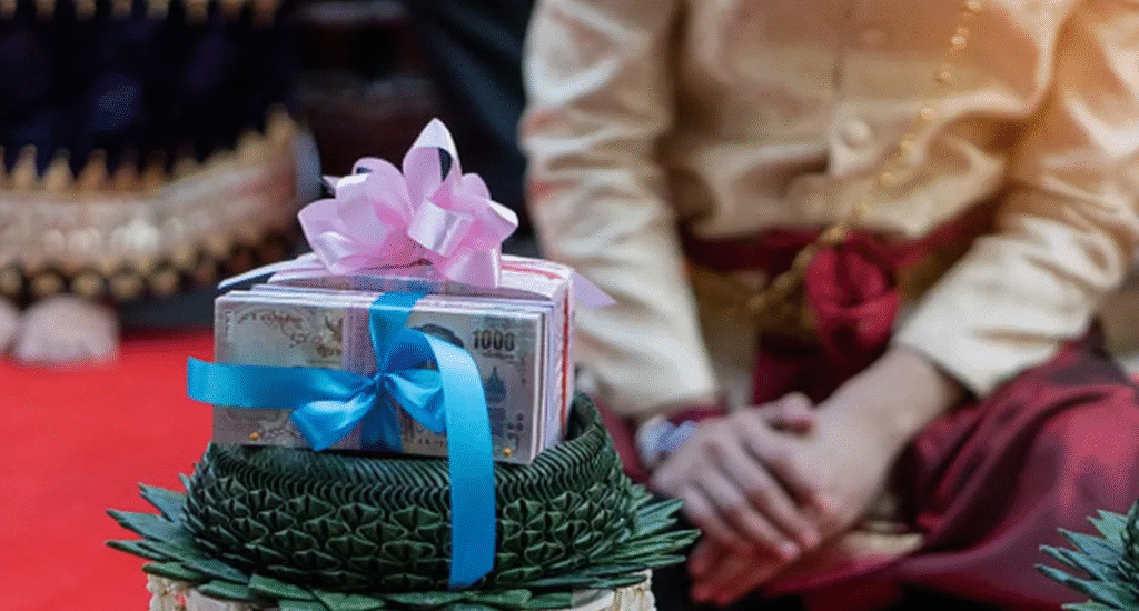 A beautifully arranged gift with money and decorative ribbons displayed atop a green base, with participants in traditional attire in the background.