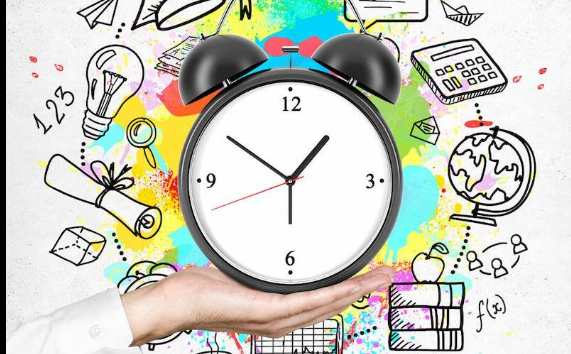 A hand holding a clock surrounded by colorful doodles and symbols representing education, creativity, and organization.