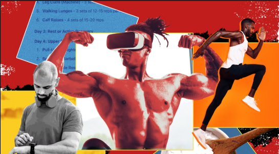A dynamic collage featuring individuals engaged in exercise, with one using virtual reality and another running, surrounded by workout routines and vibrant graphics.