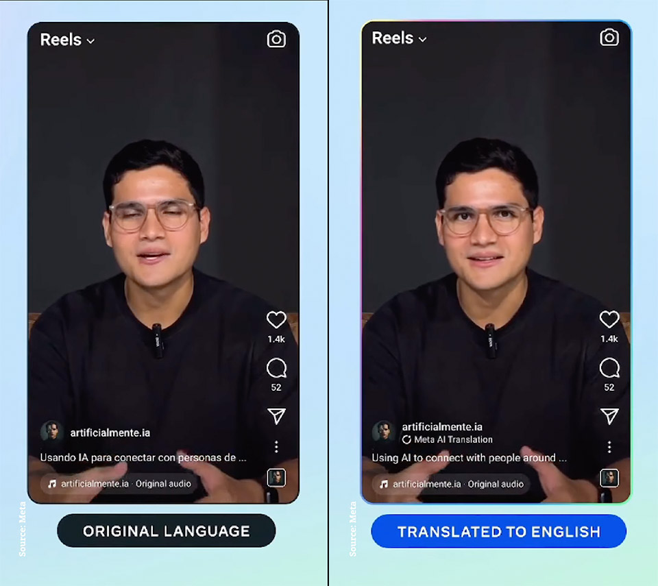 Side-by-side view of a video reel showcasing a speaker discussing AI, with one side in the original language and the other translated to English.
