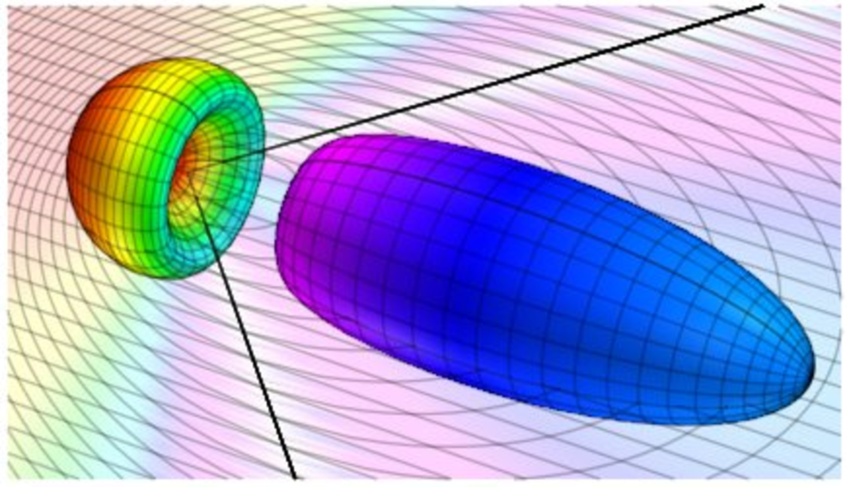 A colorful 3D representation of geometric shapes, showcasing a torus and ellipsoid against a gradient background.