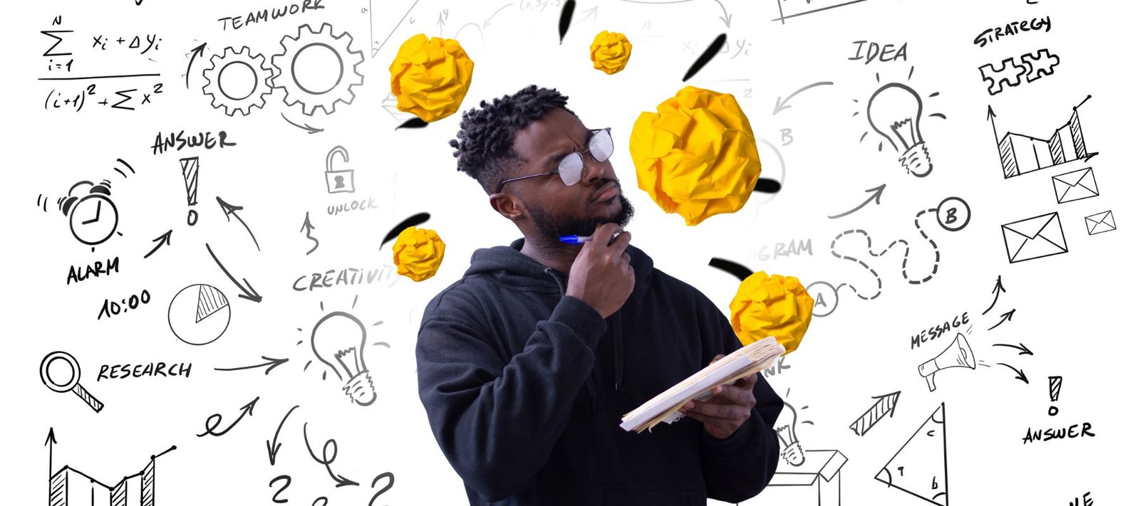 A thoughtful individual contemplating concepts amidst a backdrop of creative doodles and sketches representing ideas, teamwork, and strategies.