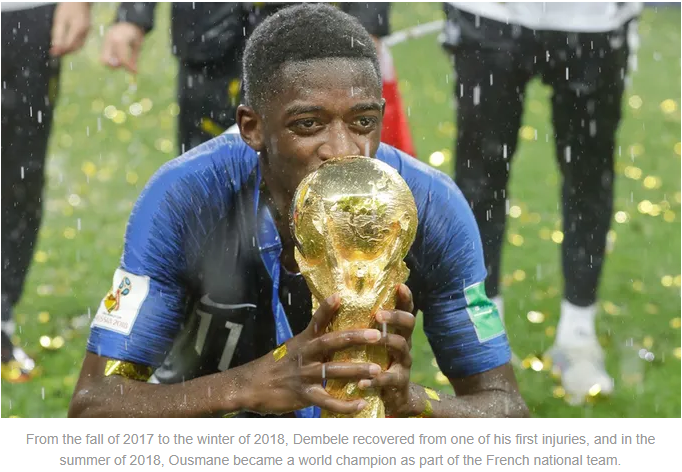 Ousmane Dembélé holding the FIFA World Cup trophy, surrounded by celebratory confetti and a jubilant atmosphere.