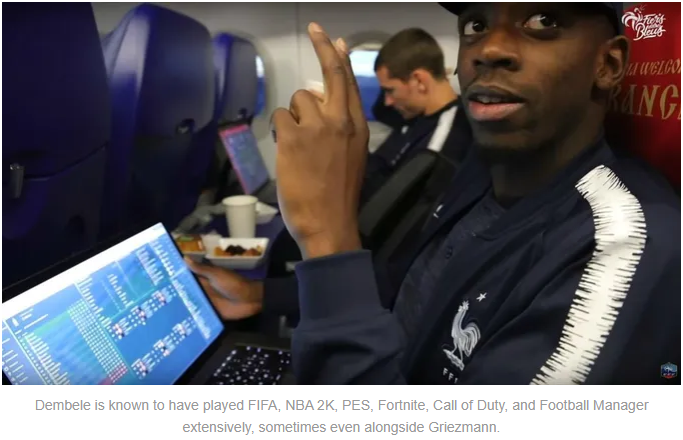 Dembele enjoying gaming on a laptop while traveling, with a teammate in the background.